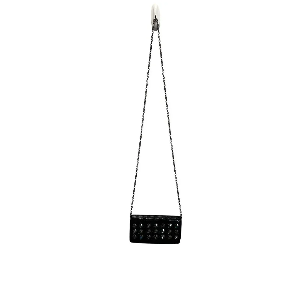 Whiting & Davis Black Rhinestone Evening Chain Clutch Metal Mesh Satin Interior